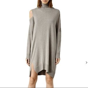 All Saints Grey Cold-Shoulder Turtleneck Knit Dress